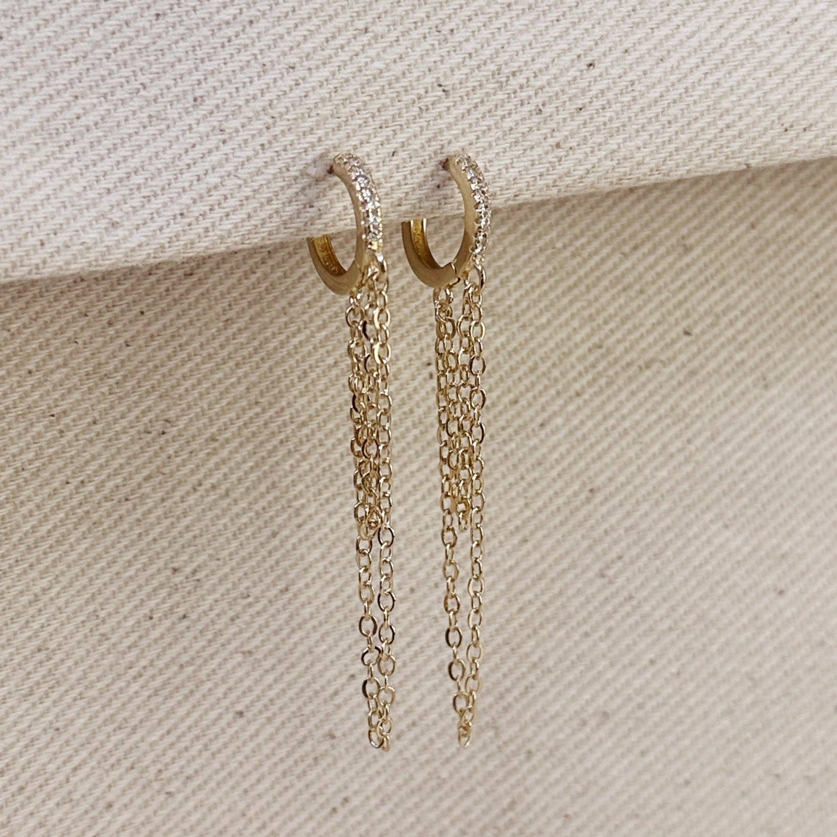 Cz Hoop with Dangling Chains Earrings, 18k Gold Filled, Abigail Fox - Abigail Fox Designs