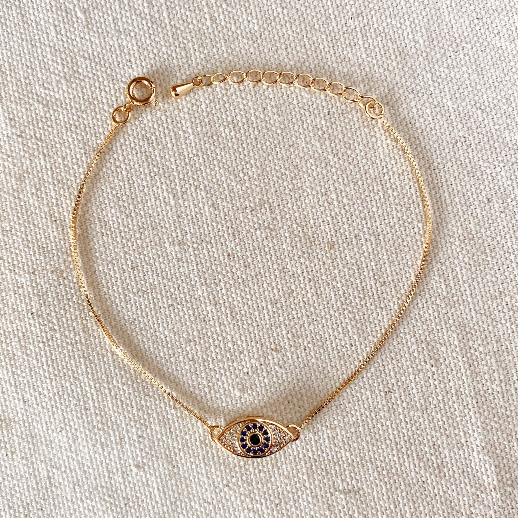 Evil Eye Bracelet Featuring Micro Pave Cubic Zirconia Sapphire And Clear CZ by Abigail Fox, 18k Gold Filled - Abigail Fox Designs