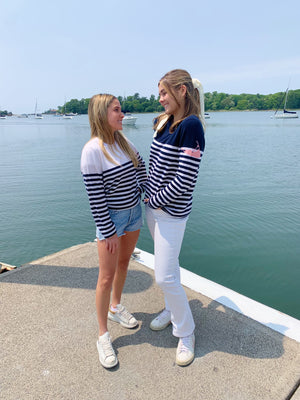 Navy and White Stripe Nantucket Island Cashmere Crewneck Sweater by Abigail Fox
