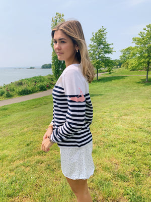 White and Navy Stripe Nantucket Island Cashmere Crewneck Sweater by Abigail Fox