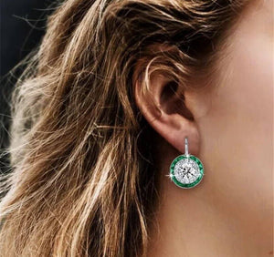 4CT Vintage Style Round Emerald Cubic Zirconia Earrings. Emerald Frame / Rhodium - Abigail Fox Designs