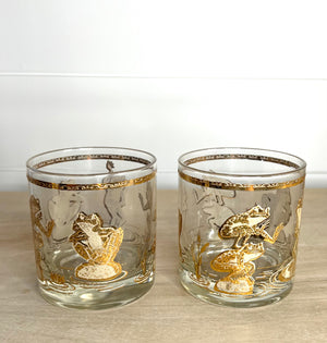 RARE Culver, Signed Vintage Mid-Century Barware, 22K Gold Leap Frog Lowball Whiskey glasses, Set of 2