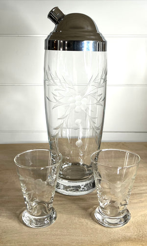 Vintage Mid-Century Barware, Floral Etched Martini shaker with lid and 2 matching glasses