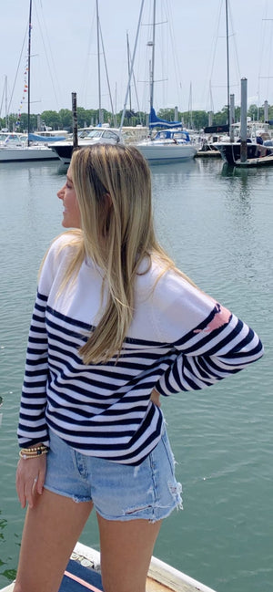 White and Navy Stripe Nantucket Island Cashmere Crewneck Sweater by Abigail Fox - Abigail Fox Designs
