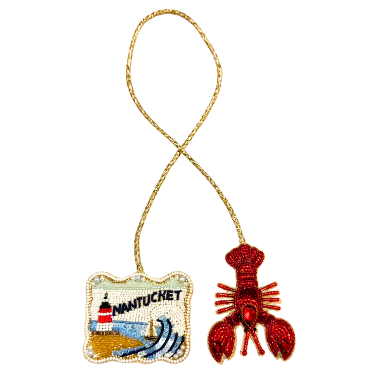 Nantucket Postcard & Lobster Hand-Beaded Bag Charm