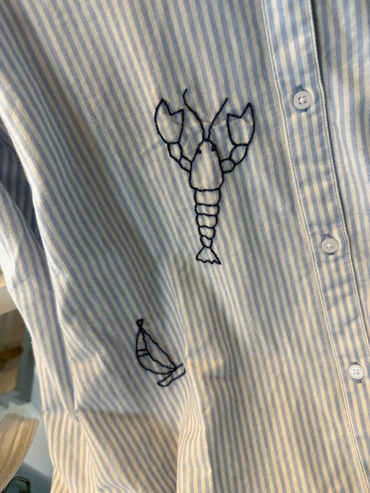 Hand Embroidered Nantucket Shirt, Striped Blue