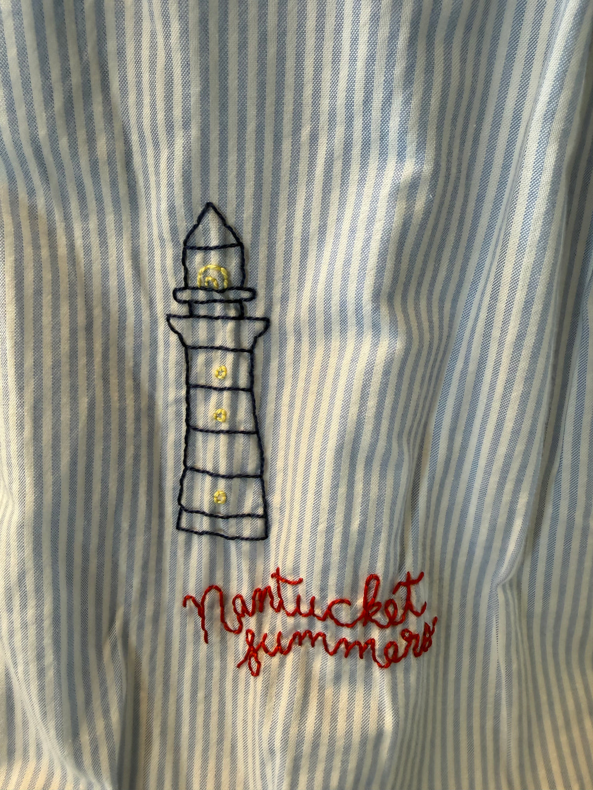 Hand Embroidered Nantucket Shirt, Striped Blue