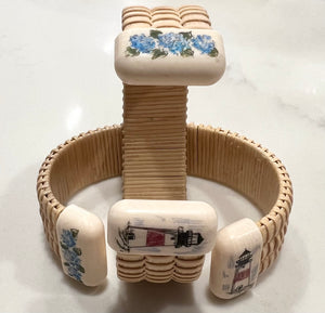 Woven Nantucket Basket Style Bracelet with Blue Hydrangeas and Sconset Lighthouse