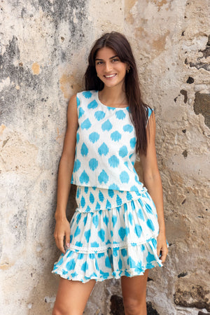 Maribel Women's Tank and Skirt Set Cream Aqua Ikat