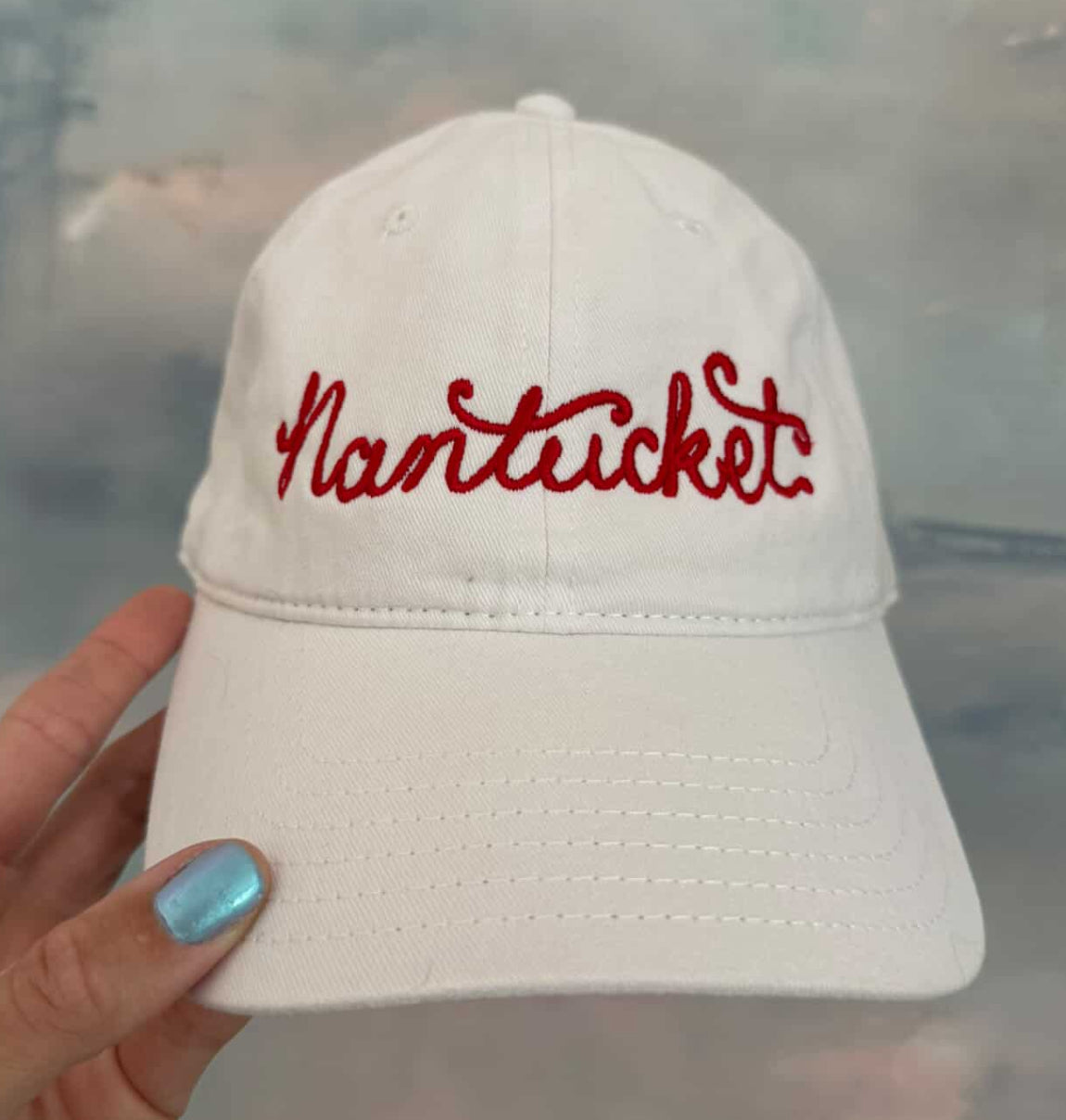 White Hat with Red Script Nantucket Baseball Hat