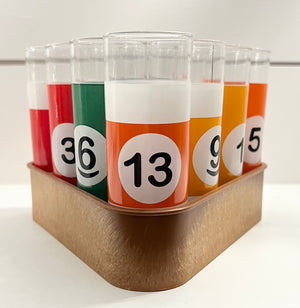 Billiards Pool Cue Ball Glasses w/ Rack, Vintage Mid-Century Barware, Complete Set