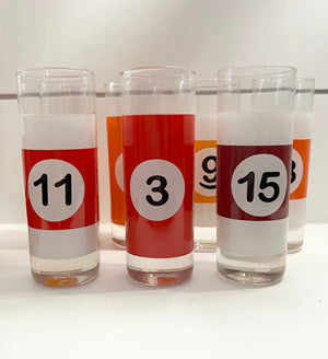 Billiards Pool Cue Ball Glasses w/ Rack, Vintage Mid-Century Barware, Complete Set
