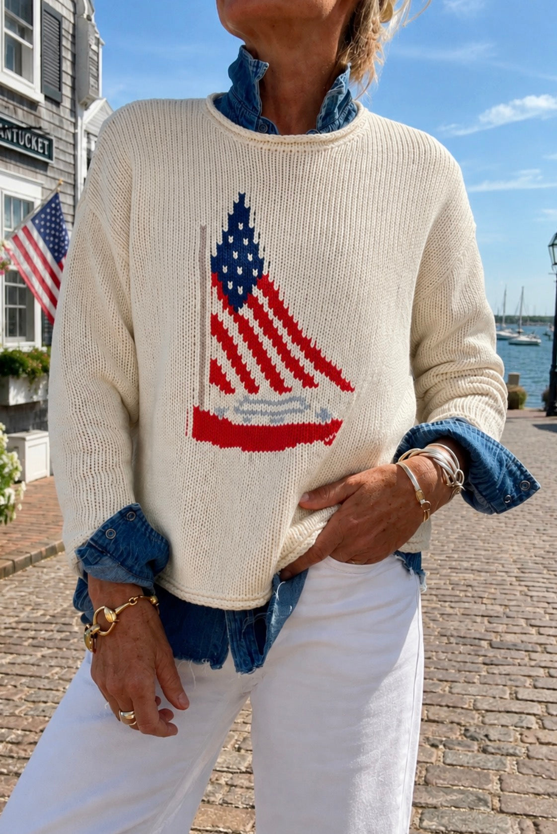 Sailboat Roll Neck Sweater In Cream