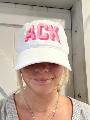 White Hat with Light Pink and Hot Pink Shadow Ack Nantucket Baseball Hat