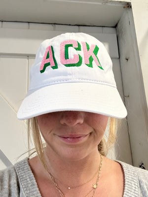 White Hat with Light Pink and Kelly-Green Shadow Ack Nantucket Baseball Hat