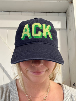 Navy Hat with Green and Lime Green Shadow Ack Nantucket Baseball Hat