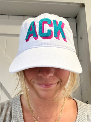 White Hat with Turquoise and Bright Pink Shadow Ack Nantucket Baseball Hat