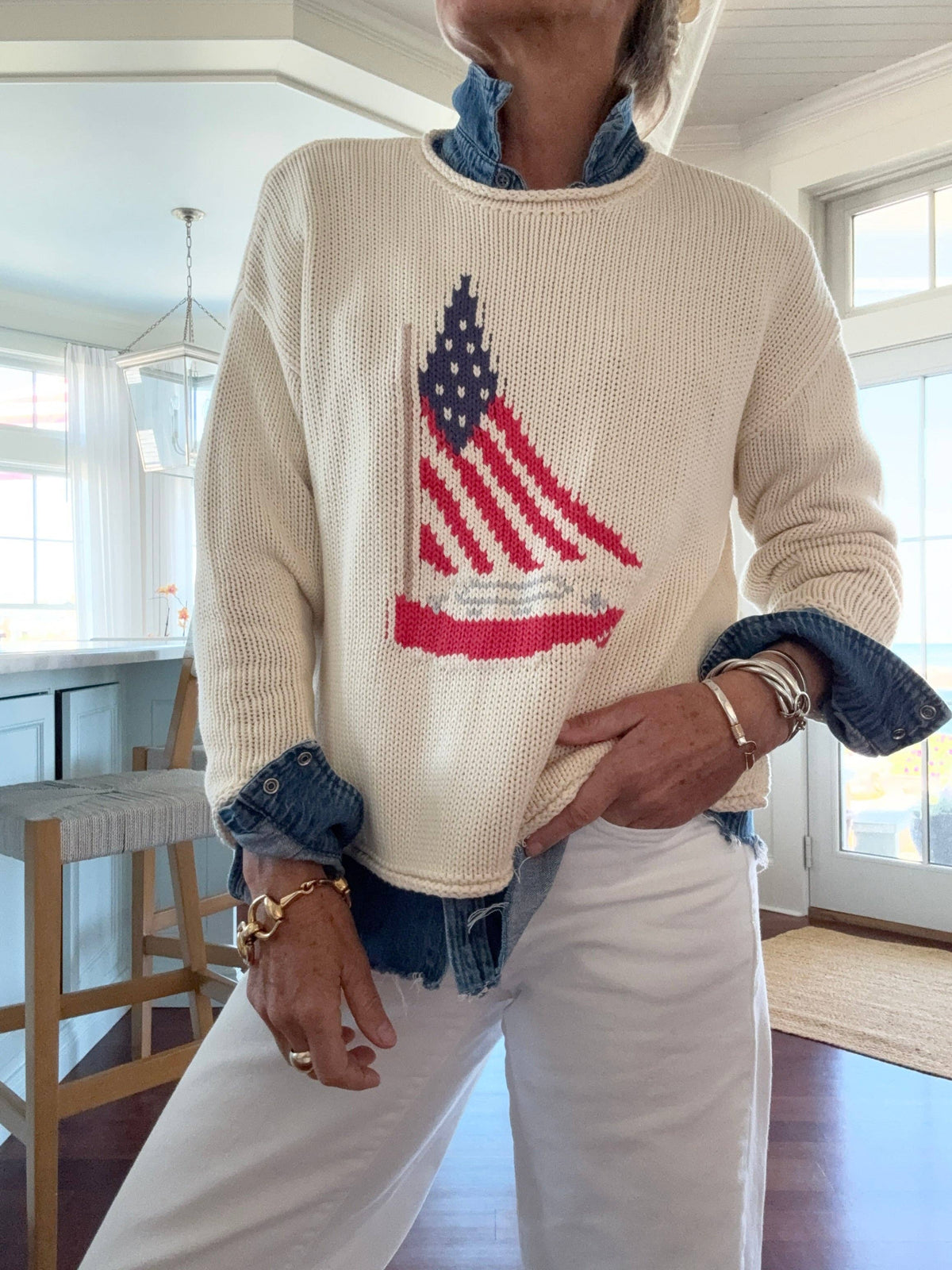 Sailboat Roll Neck Sweater In Cream