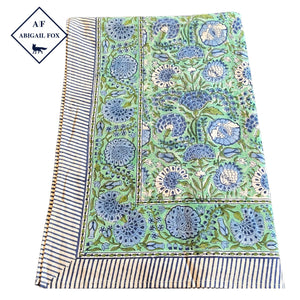 Annabelle, Blue and Green Block Print Abigail Fox Tablecloth - Abigail Fox Designs