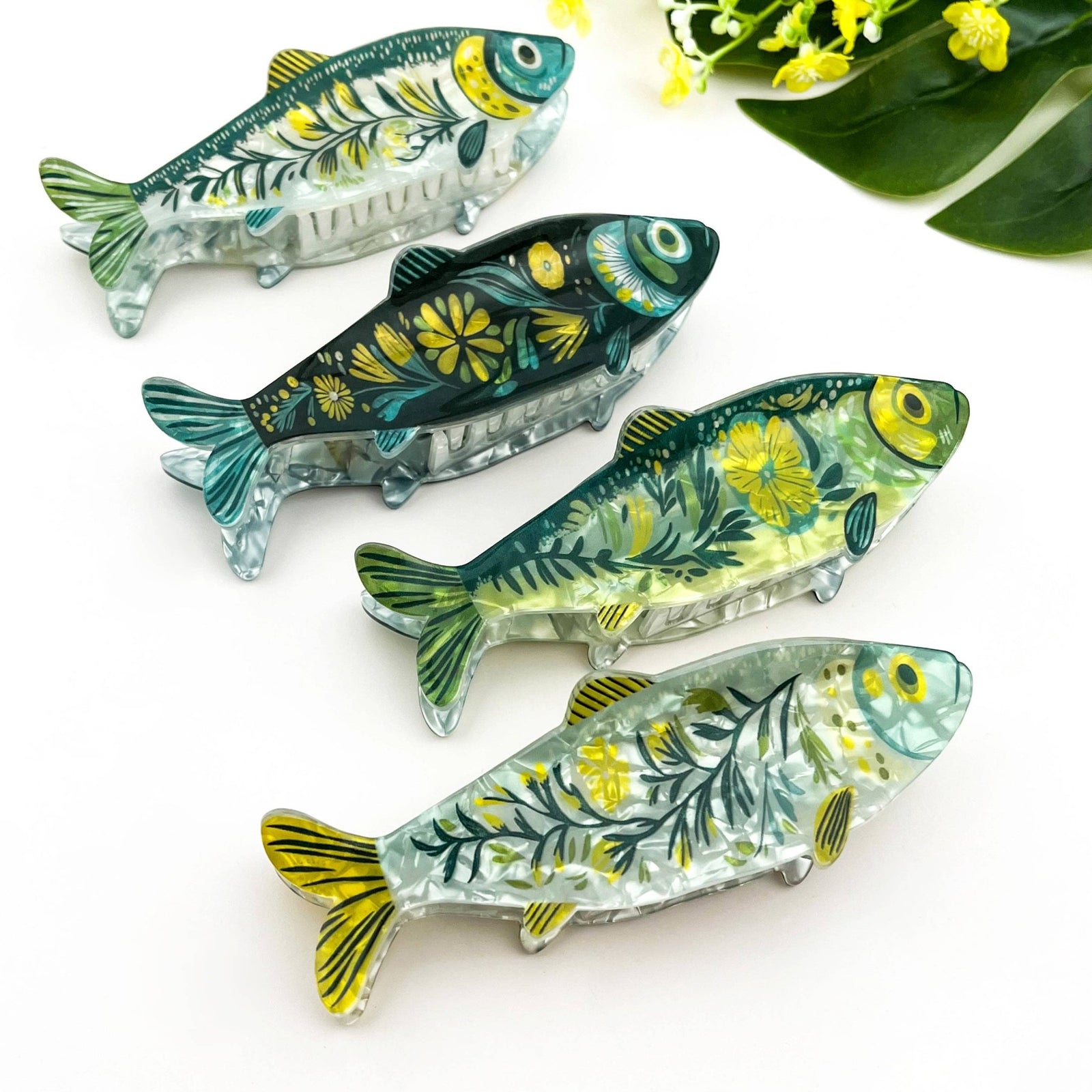 Green Sardine Hair Claw Clip with Seaweed Detail - Abigail Fox Designs Nantucket