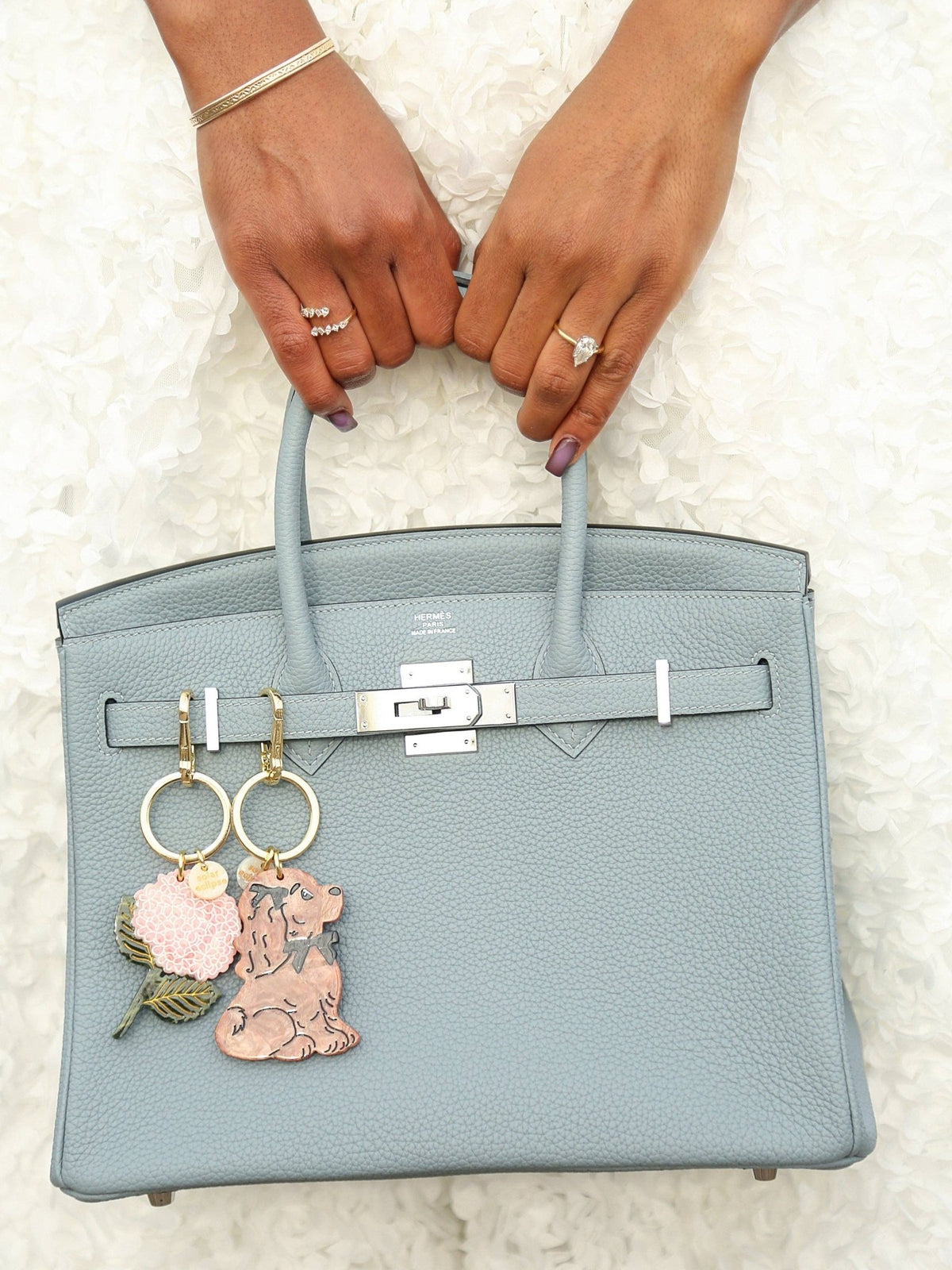 Hand-painted Hydrangea Bag Charm + Keychain | Eco-Friendly - Abigail Fox Designs Nantucket