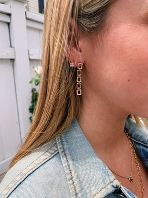 Mini Rectangle & CV drop earrings, Gold Color, stud post.