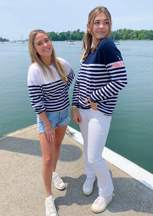 White and Navy Stripe Nantucket Island Cashmere Crewneck Sweater by Abigail Fox