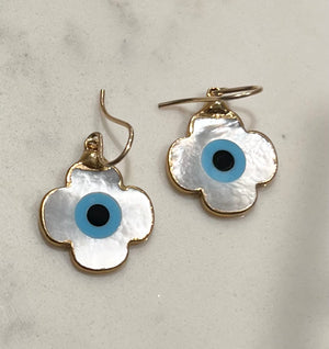 Evil Eye Design Mother of Pearl Clover Shaped Earring, 14ky GV