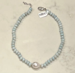 Charlotte Light Aqua Semi Precious Stone and Baroque Pearl Necklace with Sterling Silver Clasp