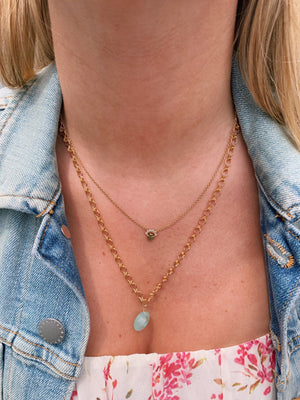 Aqua Chalcedony Necklace,  Semi Precious Stone Drop on 14k GV Chain