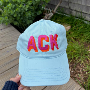 Light Blue Hat with Hot Pink and Orange Shadow Ack Nantucket Baseball Hat - Abigail Fox Designs Nantucket
