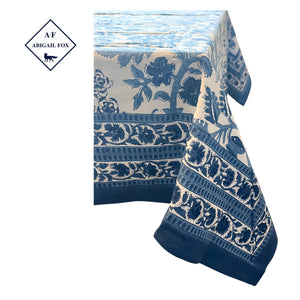 Mia, Marine Blue Block Print Abigail Fox Tablecloth - Abigail Fox Designs