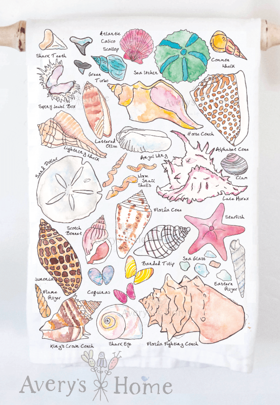 Sea Shell Collector Ocean Beach Kitchen Towel - Abigail Fox Designs Nantucket