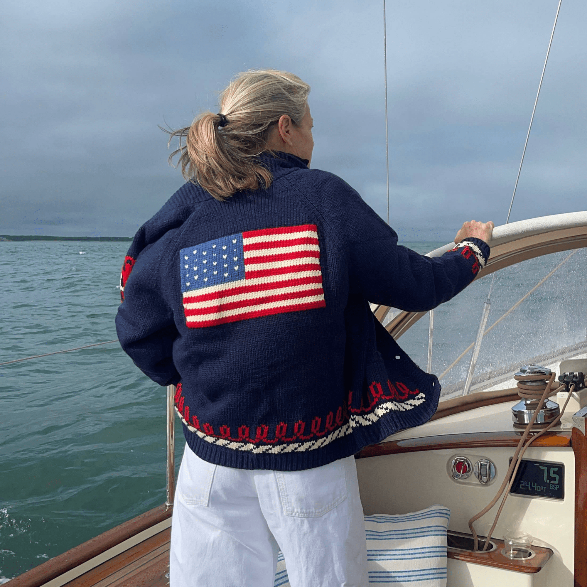 Varsity Chunky Flag Cardigan with Vintage trim - Abigail Fox Designs Nantucket