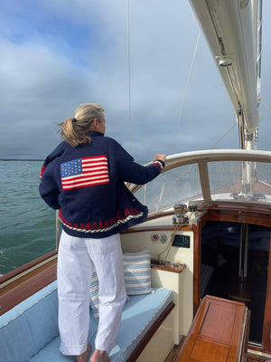 Varsity Chunky Flag Cardigan with Vintage trim - Abigail Fox Designs Nantucket