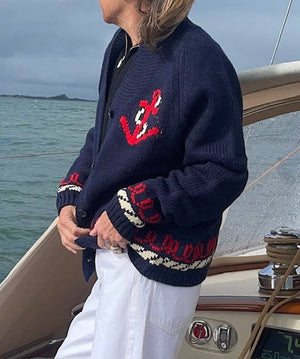 Varsity Chunky Flag Cardigan with Vintage trim - Abigail Fox Designs Nantucket