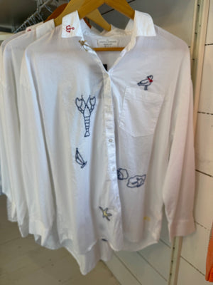 White Hand Embroidered Nantucket Shirt - Abigail Fox Designs Nantucket