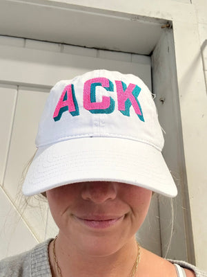 White Hat with Hot Pink and Turquoise Shadow Ack Nantucket Baseball Hat - Abigail Fox Designs Nantucket