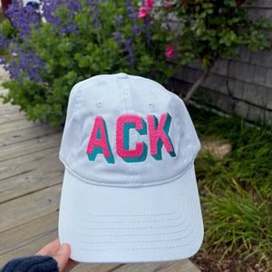 White Hat with Hot Pink and Turquoise Shadow Ack Nantucket Baseball Hat - Abigail Fox Designs Nantucket