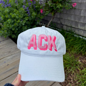 White Hat with Light Pink and Hot Pink Shadow Ack Nantucket Baseball Hat - Abigail Fox Designs Nantucket