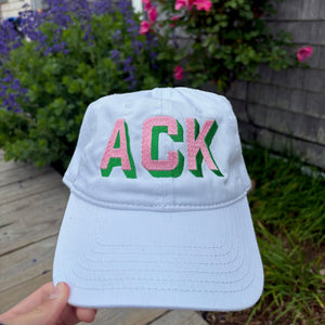 White Hat with Light Pink and Kelly - Green Shadow Ack Nantucket Baseball Hat - Abigail Fox Designs Nantucket