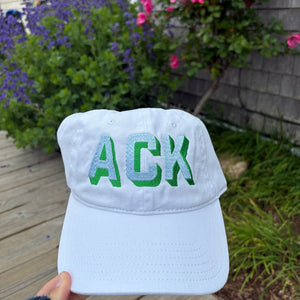 White Hat with Mint - Green and Kelly - Green Shadow Ack Nantucket Baseball Hat - Abigail Fox Designs Nantucket