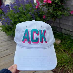 White Hat with Turquoise and Bright Pink Shadow Ack Nantucket Baseball Hat - Abigail Fox Designs Nantucket