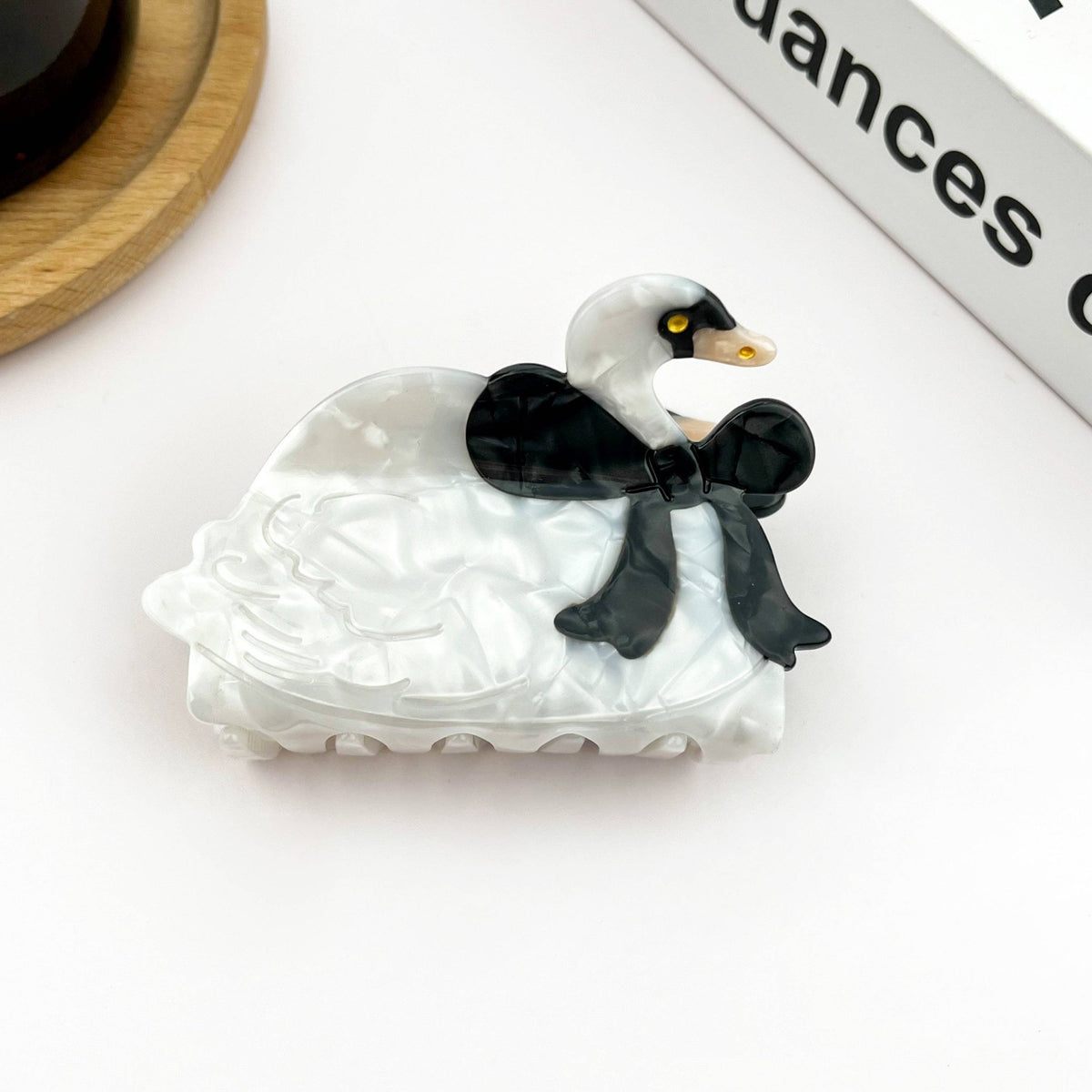 White Swan Acetate Hair Claw with Black Bow - Abigail Fox Designs Nantucket