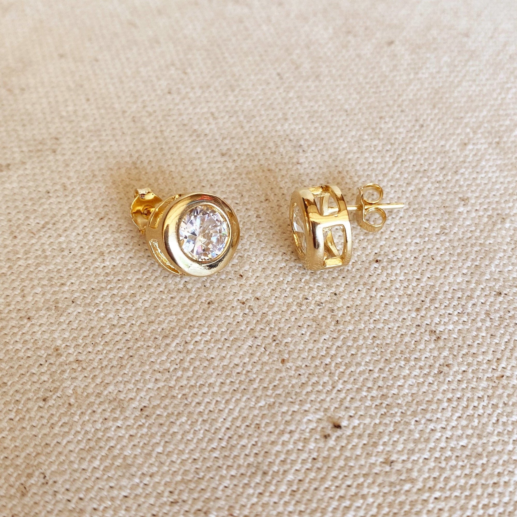 10mm Bezeled Cubic Zirconia Stone Stud Earrings, 18k Gold Filled - Abigail Fox Designs