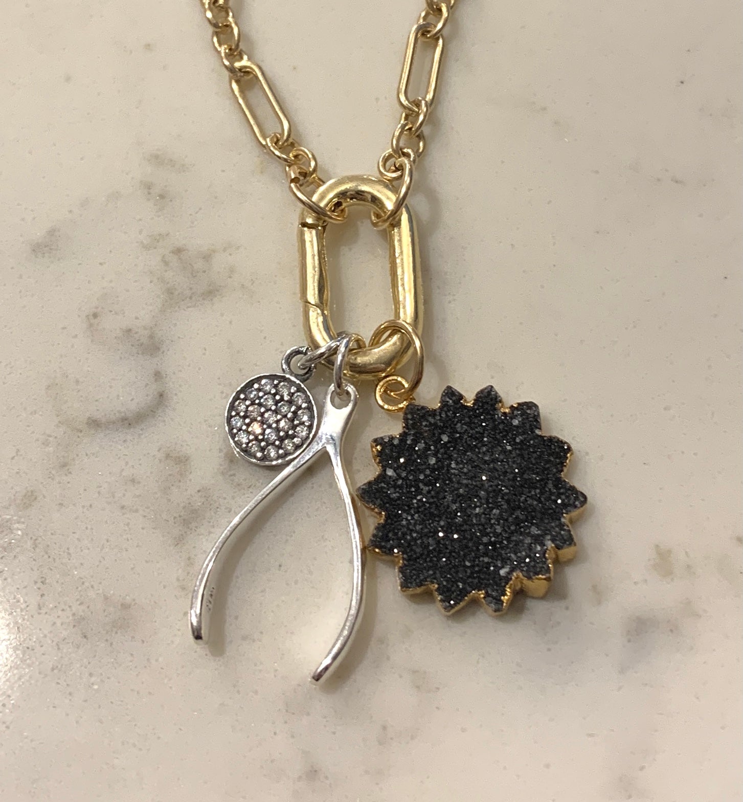 14ky GV Assorted Charms, Black Druzy Starburst, Pave Circle, Wishbone(sterling) - Abigail Fox Designs