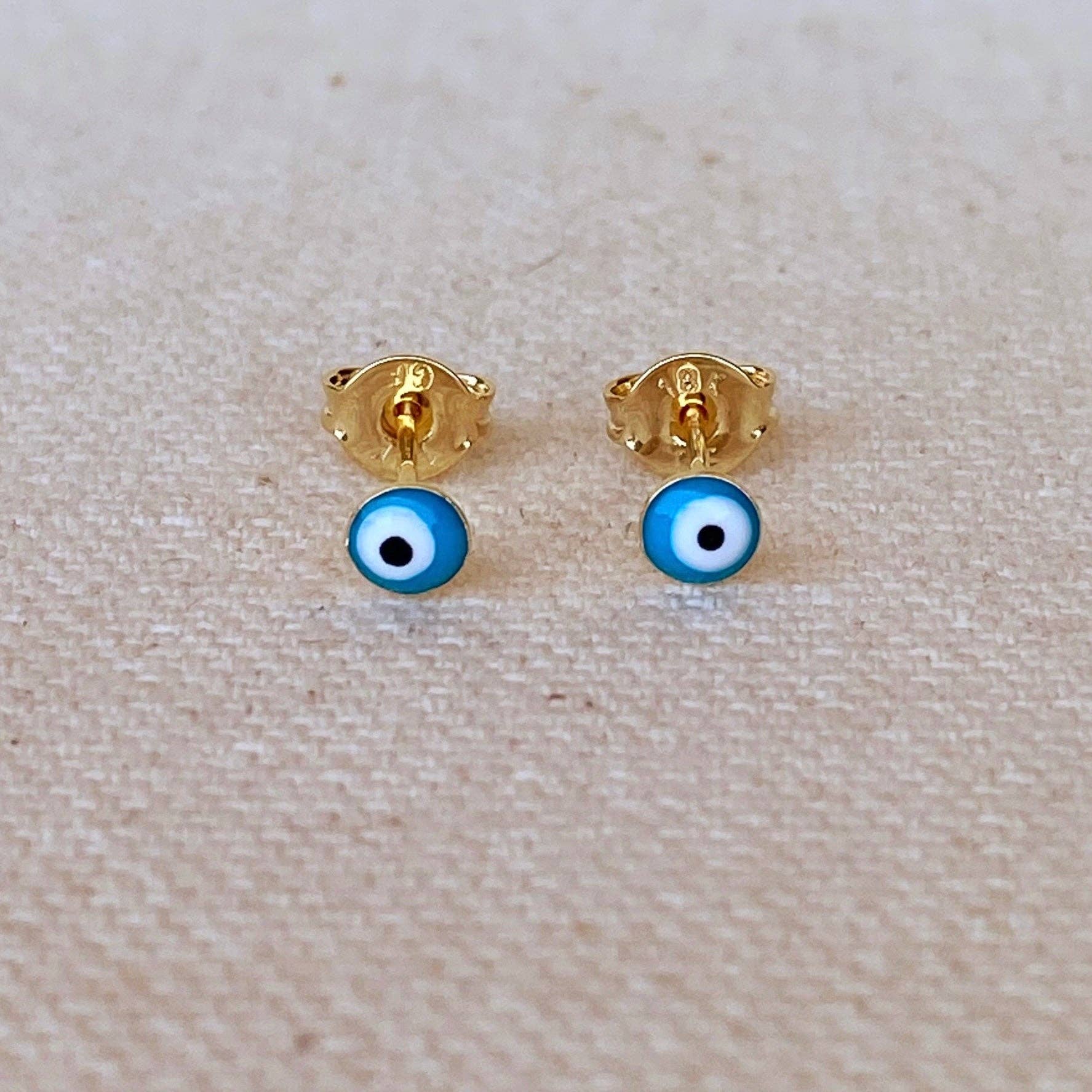 18k GF Tiny Aqua Evil Eye Stud Earrings - Abigail Fox Designs