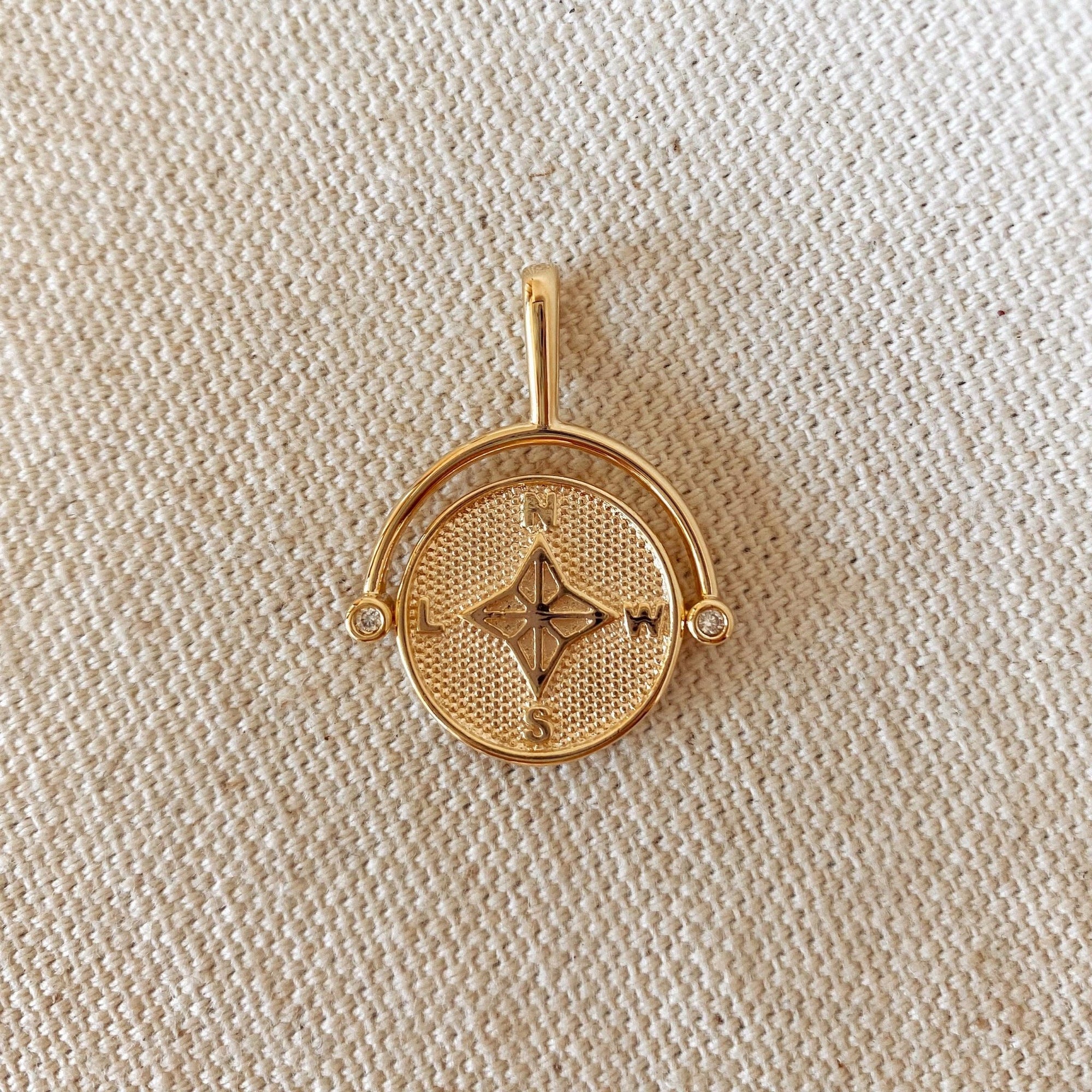 18k Gold Filled Swivel Compass Pendant Featuring Star Textured Background And Cardinal Points - Abigail Fox Designs