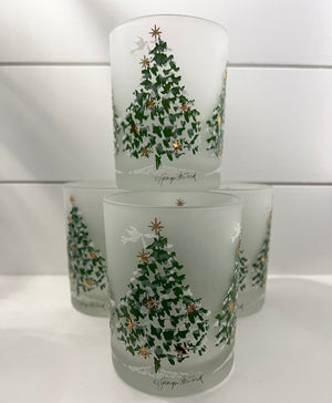 Georges Briard, Signed Vintage Mid-Century Barware, Frosted Vintage Christmas Tree, Lowball Drinking Glasses, Set of 4