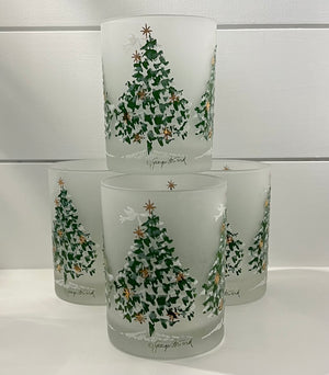 Georges Briard, Signed Vintage Mid-Century Barware, Frosted Vintage Christmas Tree, Lowball Drinking Glasses, Set of 4